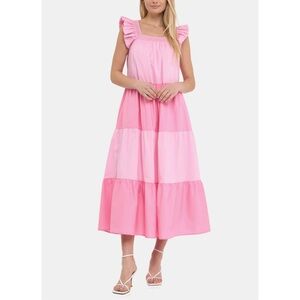 English Factory Flutter Sleeve Colorblock Cotton Midi Dress in Pink